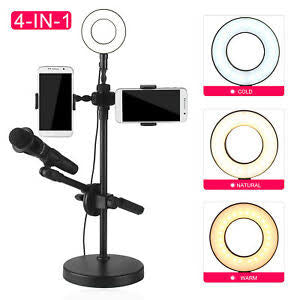 Selfie Ring Light, Desk Ring Light, 3-in-1 Design Combines Phone Holder, Selfie Ring Light and Mic Stand Together, Streaming Lights, LED Portable Desk Makeup Ring Light with Adjustable Control Wire