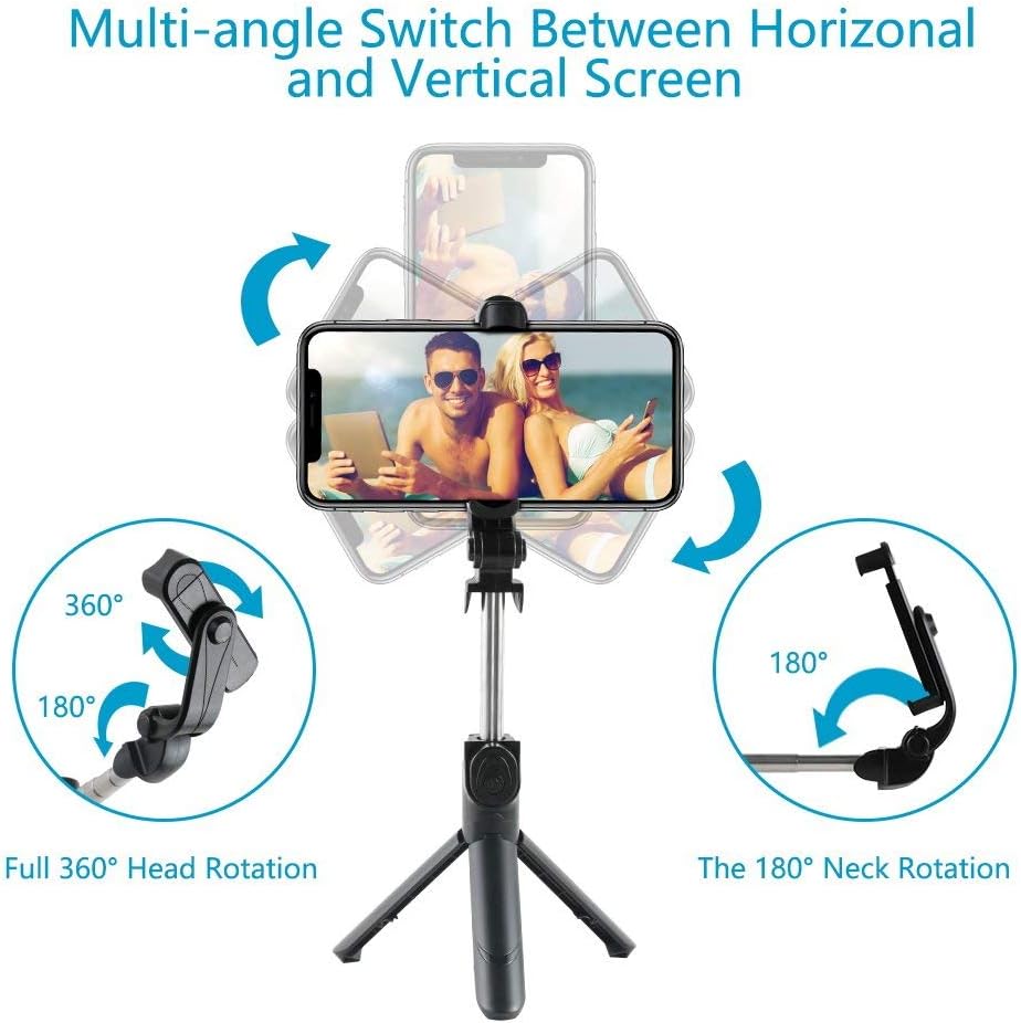 Pbuddy Wireless Selfie Stick, 360° Adjustable Remote Selfie Stick with Tripod Stand and Detachable Wireless Remote, Support Video Record, Extendable Monopod for iPhone 15 14 13 12, Galaxy Android Machines