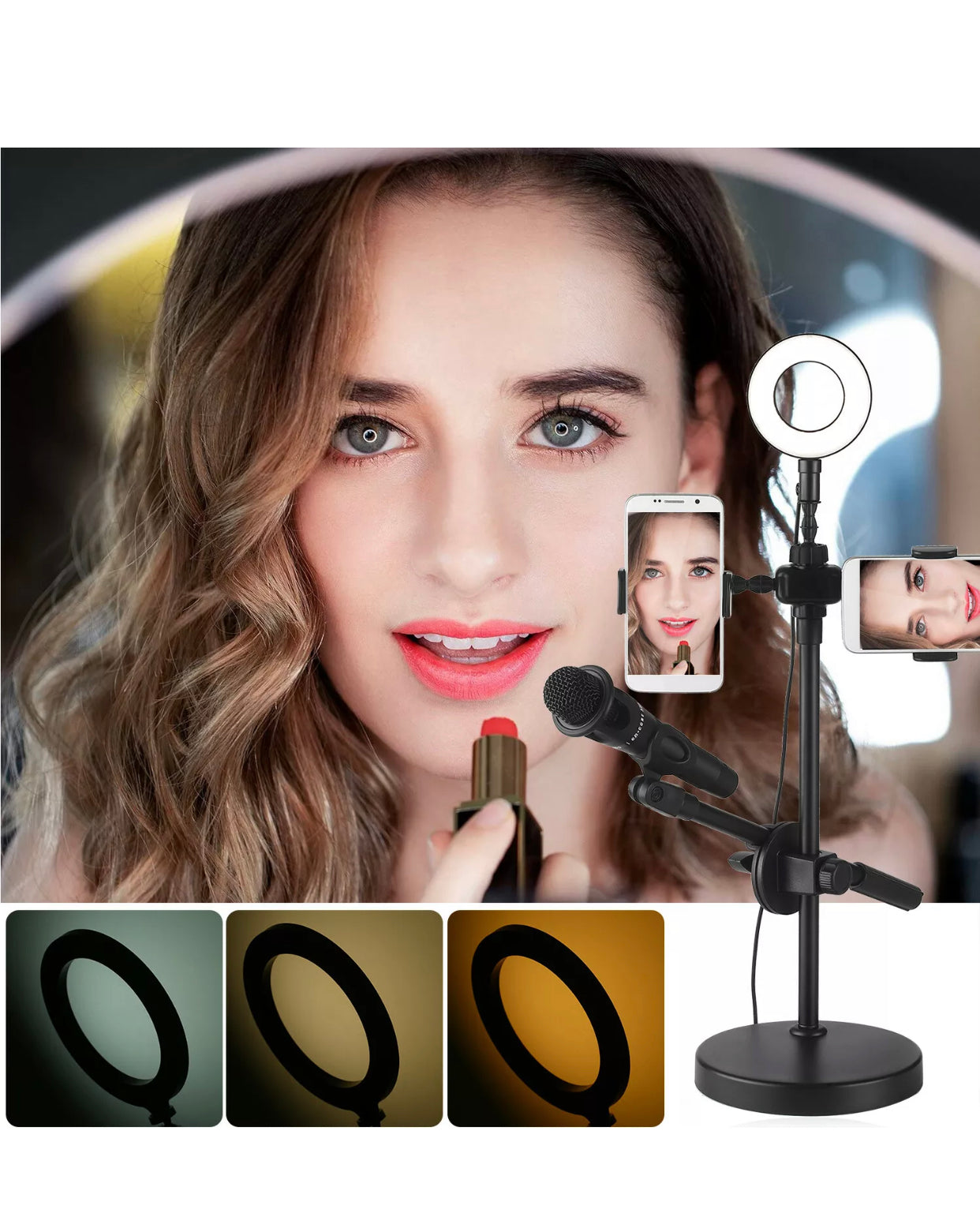 Selfie Ring Light, Desk Ring Light, 3-in-1 Design Combines Phone Holder, Selfie Ring Light and Mic Stand Together, Streaming Lights, LED Portable Desk Makeup Ring Light with Adjustable Control Wire