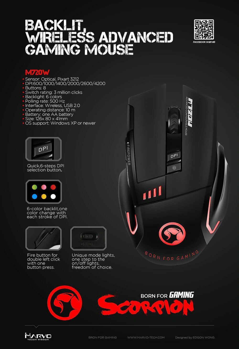 MARVO M720W 4800DPI Wireless Gaming Mouse Buttons Optical Backlight + AA Battery