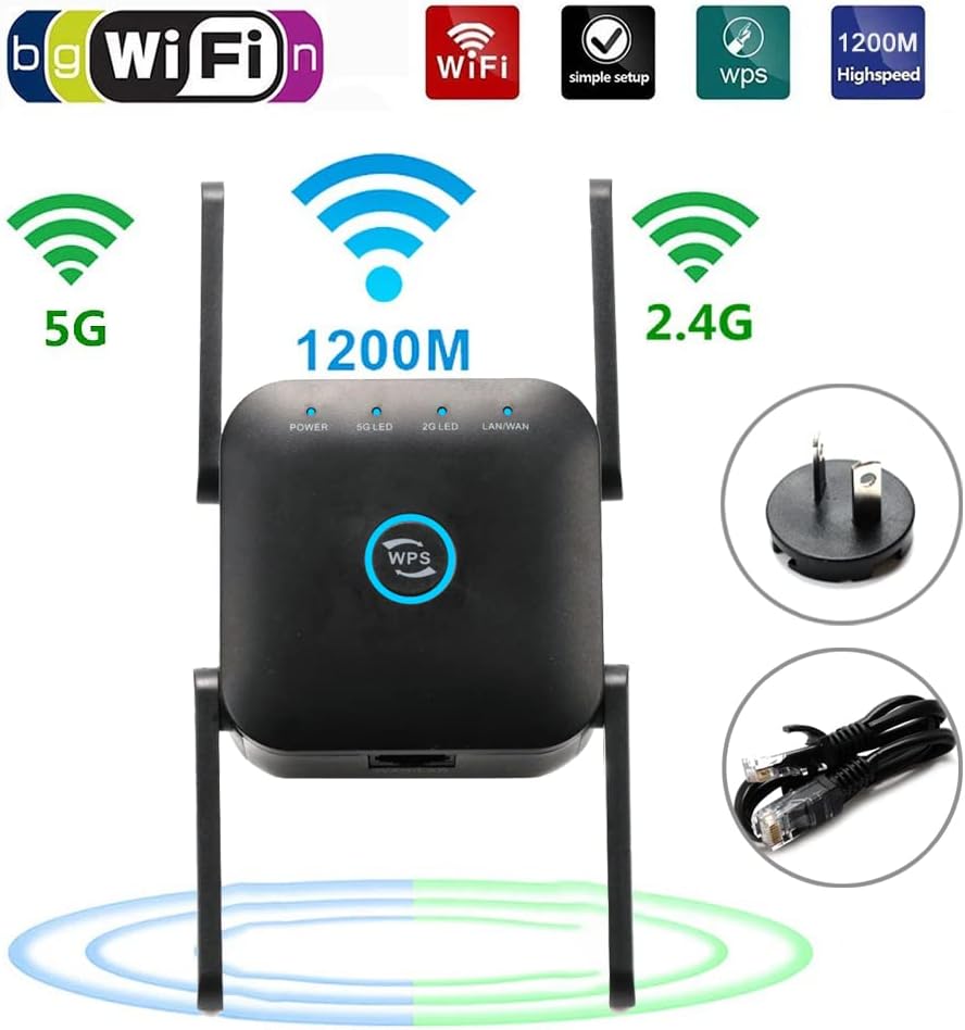 1200Mbps Dual Band WiFi Signal Booster – Wireless Range Extender (Black)