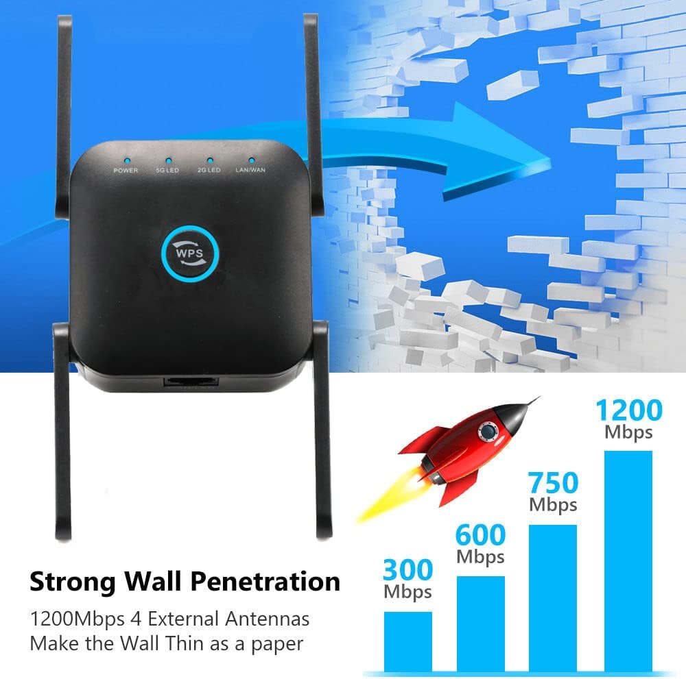 1200Mbps Dual Band WiFi Signal Booster – Wireless Range Extender (Black)