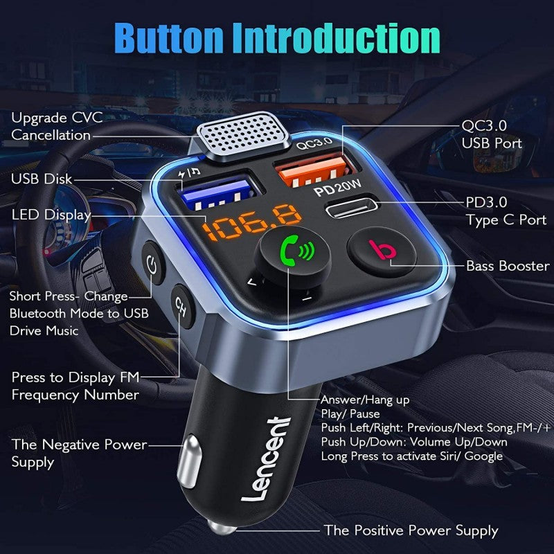 PBuddy Original Car FM Transmitter, Wireless Bluetooth 5.0 Radio Adapter Car Kit, PD3.0 Type C 20W+QC3.0 Car Fast Charger, Hands Free Calling, Bass Lossless Hi-Fi Sound Support U Disk