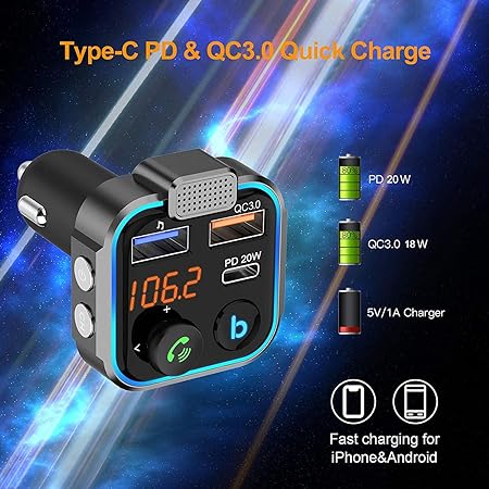 PBuddy Original Car FM Transmitter, Wireless Bluetooth 5.0 Radio Adapter Car Kit, PD3.0 Type C 20W+QC3.0 Car Fast Charger, Hands Free Calling, Bass Lossless Hi-Fi Sound Support U Disk