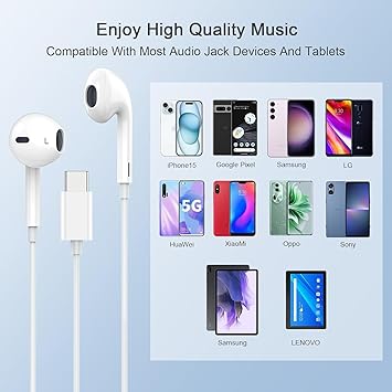 Apple Earbuds, USB C Wired Earphones Noise Canceling Isolating with USB-C Plug (Built-in Microphone & Volume Control) for Phone 15 Android Smartphone and Other USB C Type C Device