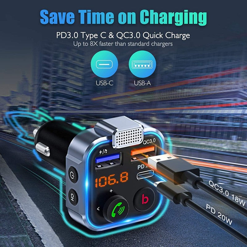 PBuddy Original Car FM Transmitter, Wireless Bluetooth 5.0 Radio Adapter Car Kit, PD3.0 Type C 20W+QC3.0 Car Fast Charger, Hands Free Calling, Bass Lossless Hi-Fi Sound Support U Disk