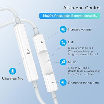 Apple Earbuds, USB C Wired Earphones Noise Canceling Isolating with USB-C Plug (Built-in Microphone & Volume Control) for Phone 15 Android Smartphone and Other USB C Type C Device
