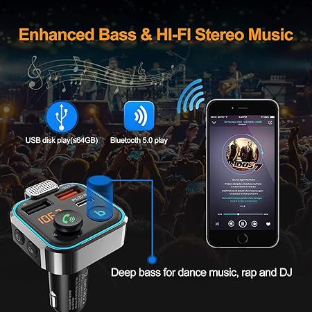 PBuddy Original Car FM Transmitter, Wireless Bluetooth 5.0 Radio Adapter Car Kit, PD3.0 Type C 20W+QC3.0 Car Fast Charger, Hands Free Calling, Bass Lossless Hi-Fi Sound Support U Disk