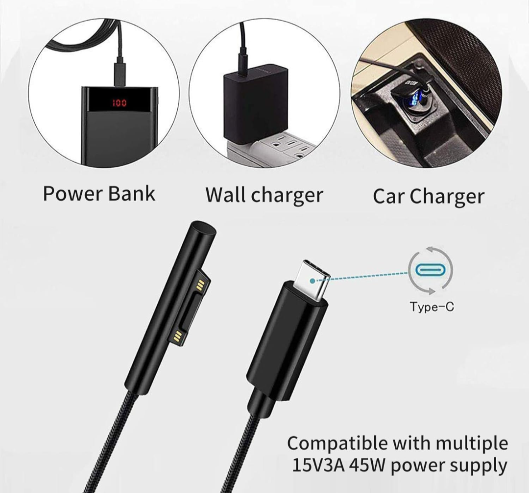 Surface Connect to USB-C Charging Cable Compatible for Microsoft Surface Pro 7/6/5/4/3 Surface Laptop1/2, 45W 15V PD Charging Works with PD Power Supply-1.5 Meters
