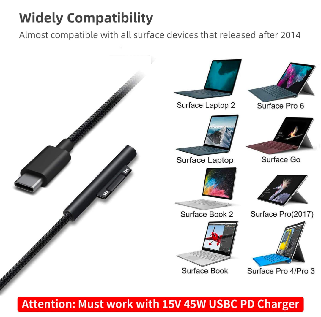 Surface Connect to USB-C Charging Cable Compatible for Microsoft Surface Pro 7/6/5/4/3 Surface Laptop1/2, 45W 15V PD Charging Works with PD Power Supply-1.5 Meters