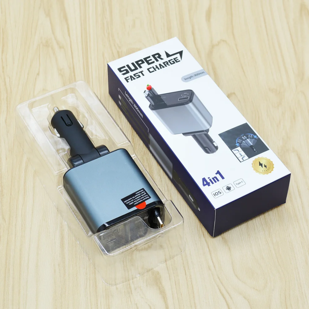 Folding 4 in 1 Retractable Car Charger, 120W Car Phone Charger with Cables, Fast Charging USB C and iPhone Car Charger Adapter