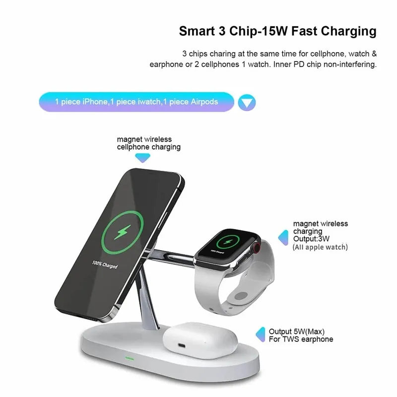 Pbuddy Original 5 In 1 Magnetic Wireless Charger Stand, 15W Qi Fast Charging Dock Station Holder LED Night Light Compatible With Magsafe IPhone 14/13/12 Pro Max Mini, IWatch SE/8/7/6/5/4/3/2, AirPods 3/2/Pro