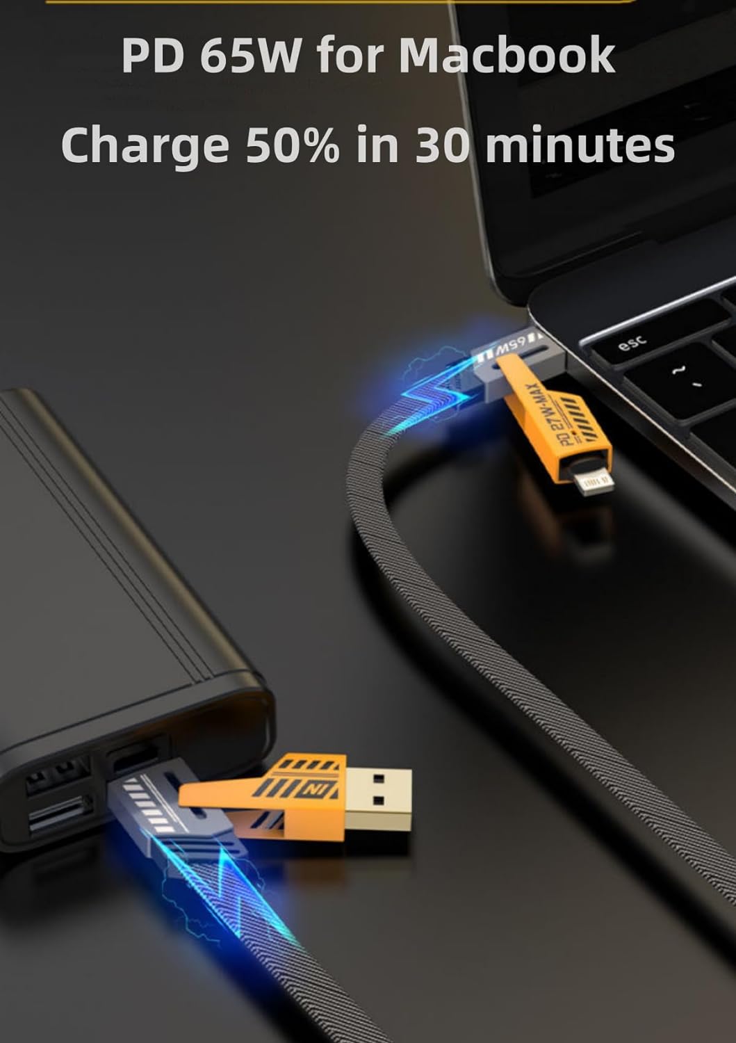 Pbuddy Hybrid 4 in 1 Convertible USB Cable 1M, 65W Nylon Braided USB C Metal Fast Charging Data Cable，Multiple Charge Cable for iPhone 15/14/13/iPad/MacBook Pro/Airpods/Android Phone