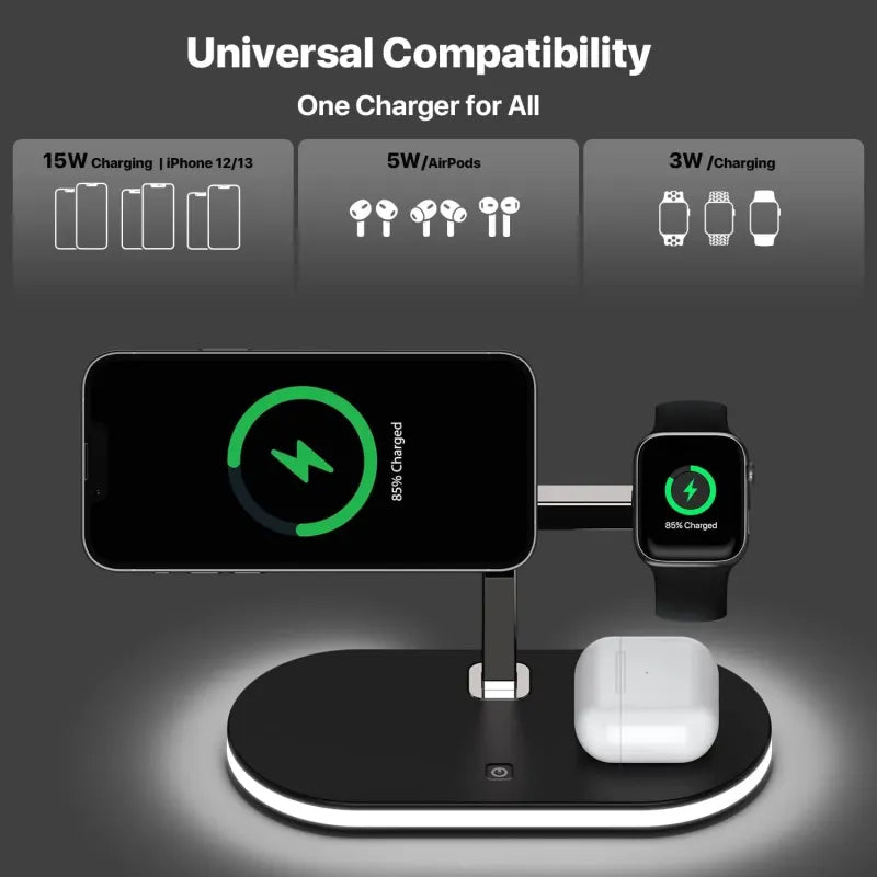 5 In 1 Aluminum Alloy Magnetic Wireless Charger Stand For Magsafe Charger Stand  Fast Wireless Charging Station For IPhone 15 14 13/12 Series Apple Watch Airpods With LED Lamp 18W Adapter Black