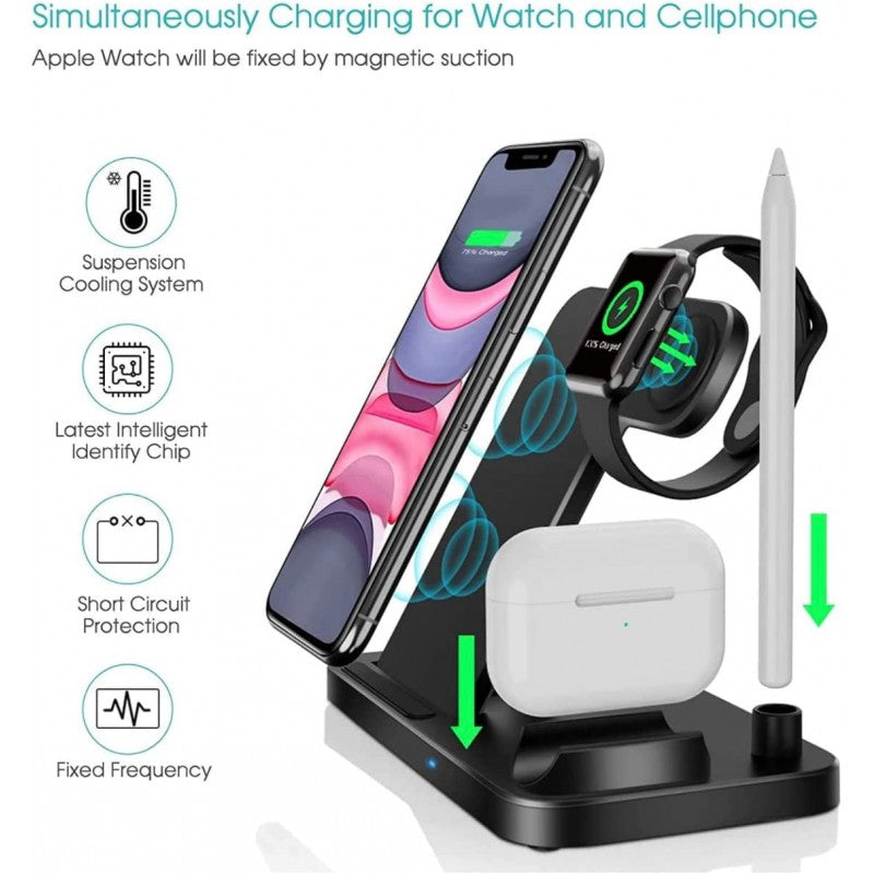 PBuddy 4in1 Wireless Charger, Fast Charging Station, Compatible With Pen IWatch, Airpods Pro, Compatible With IPhone 1112 13 14pro Max/X/XS/XR/Xs 8 Plus, Samsung Galaxy S20/S10 (Adapter Inc)