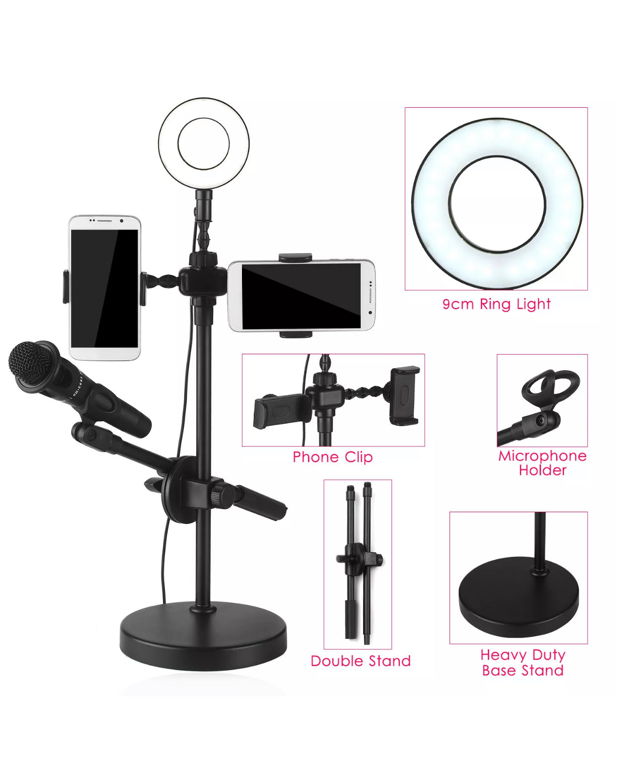 Selfie Ring Light, Desk Ring Light, 3-in-1 Design Combines Phone Holder, Selfie Ring Light and Mic Stand Together, Streaming Lights, LED Portable Desk Makeup Ring Light with Adjustable Control Wire