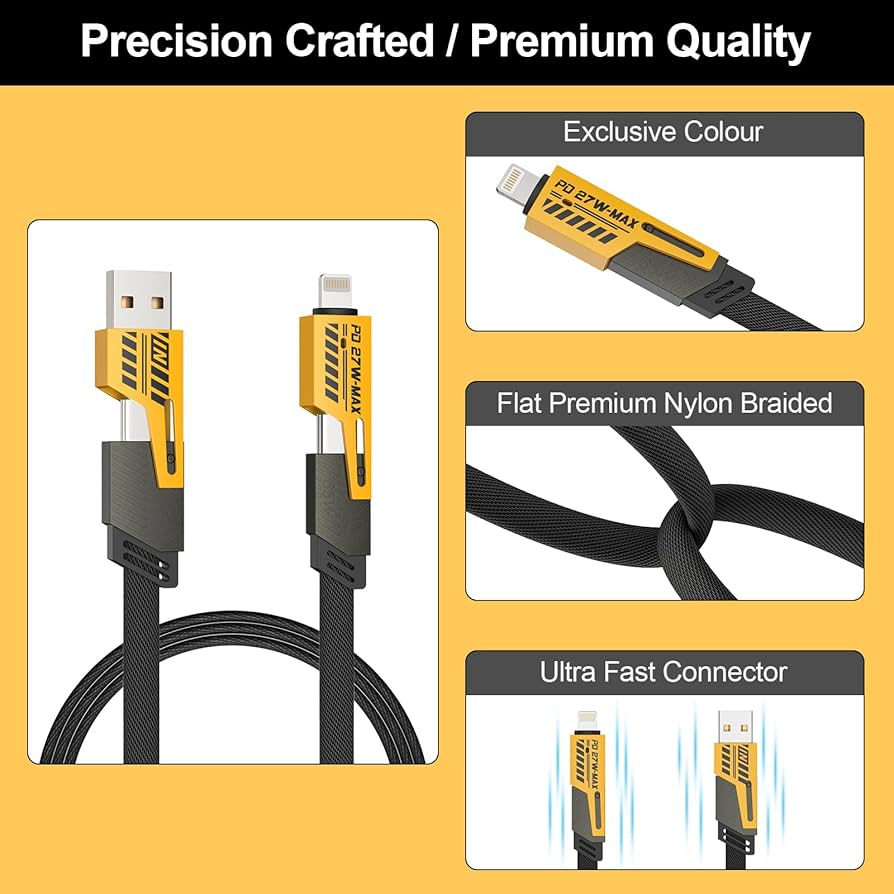 1M 4-in-1 Fast Charging Cable 65W/27W – USB-A & USB-C to Lightning & Type-C