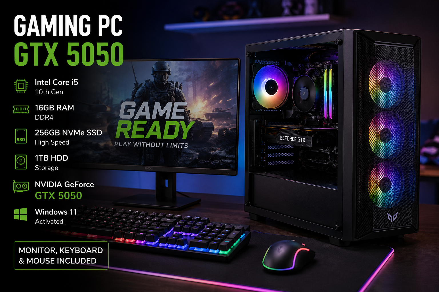 Gaming PC AMD Ryzen 5 with NVIDIA GeForce RTX 5050, 16GB RAM, 256GB NVMe SSD, 1TB HDD, Windows 11, Monitor, Keyboard and Mouse Bundle