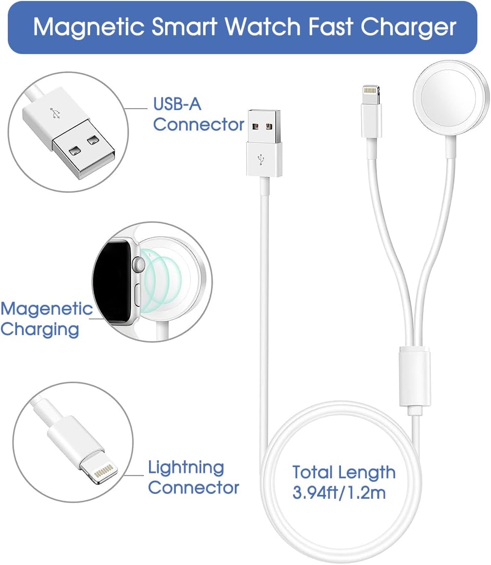 2-in-1 Magnetic Wireless Charger for Apple Watch & iPhone – Portable Fast Charging Cable (4FT/1.2M)