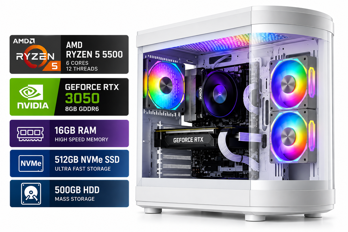 Gaming PC AMD Ryzen 5 5500 | RTX 3050 | 16GB RAM | 512GB NVMe + 500GB HDD | Karuza WJ Pro