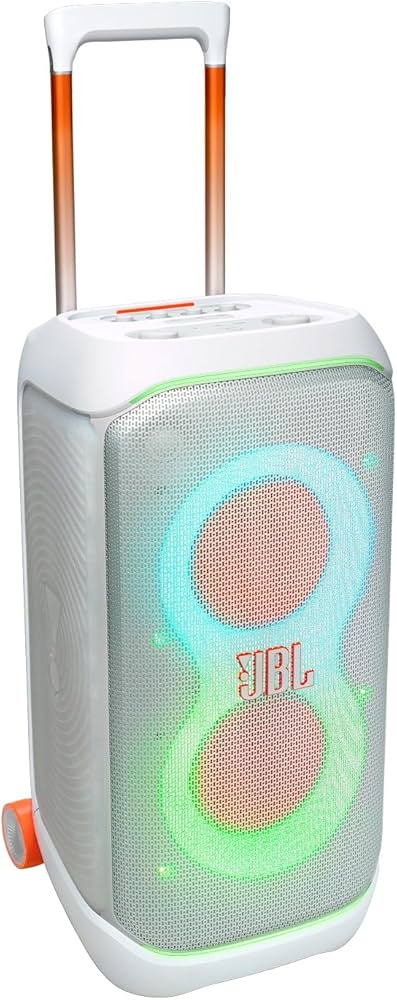 JBL PartyBox Stage 320, Powerful JBL Pro Sound, Futuristic lightshow, Up to 18 Hours of Play time, Telescopic Handle and Wide, Sturdy Wheels, White