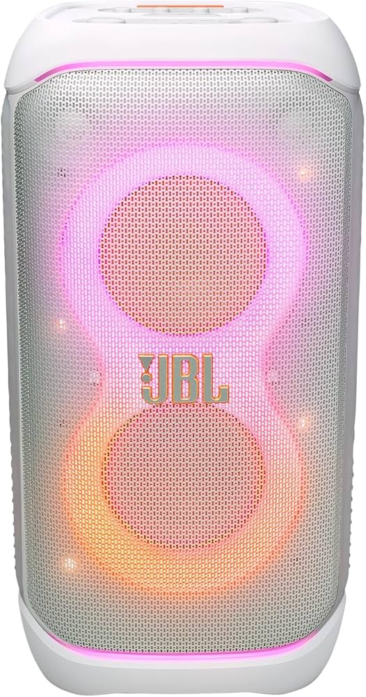 JBL PartyBox Stage 320, Powerful JBL Pro Sound, Futuristic lightshow, Up to 18 Hours of Play time, Telescopic Handle and Wide, Sturdy Wheels, White