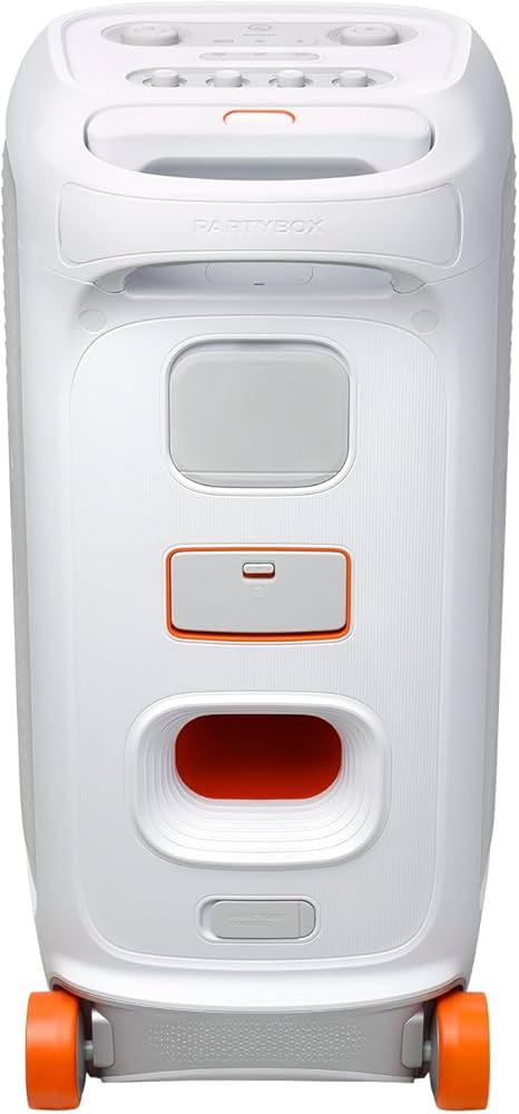 JBL PartyBox Stage 320, Powerful JBL Pro Sound, Futuristic lightshow, Up to 18 Hours of Play time, Telescopic Handle and Wide, Sturdy Wheels, White