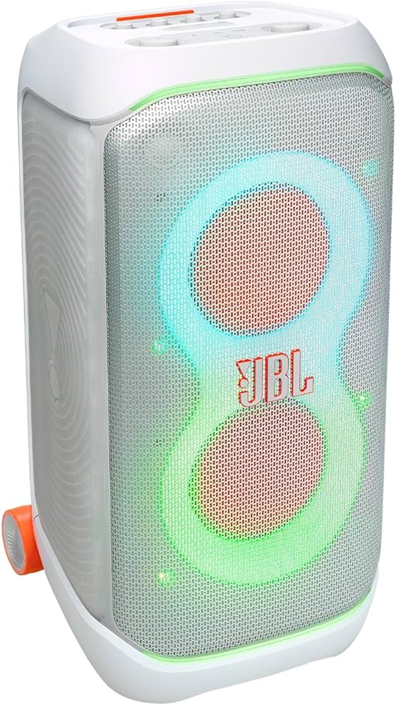 JBL PartyBox Stage 320, Powerful JBL Pro Sound, Futuristic lightshow, Up to 18 Hours of Play time, Telescopic Handle and Wide, Sturdy Wheels, White