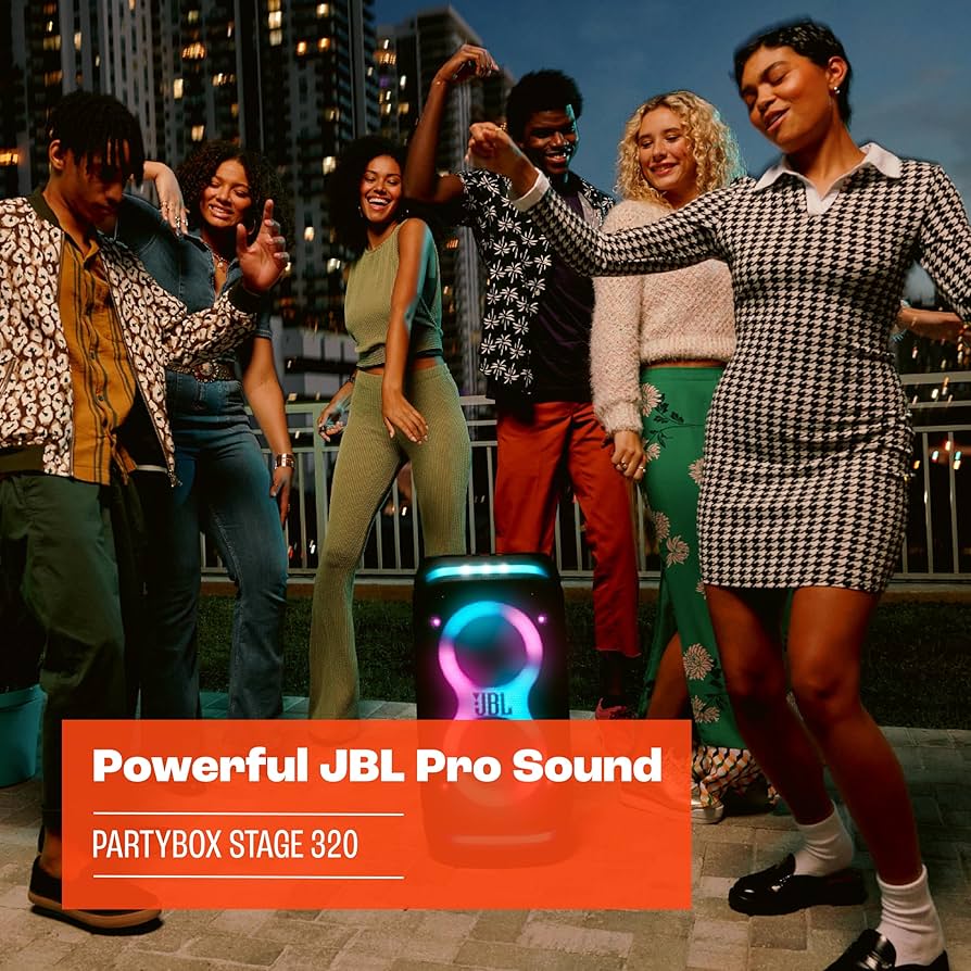 JBL PartyBox Stage 320, Powerful JBL Pro Sound, Futuristic lightshow, Up to 18 Hours of Play time, Telescopic Handle and Wide, Sturdy Wheels, White