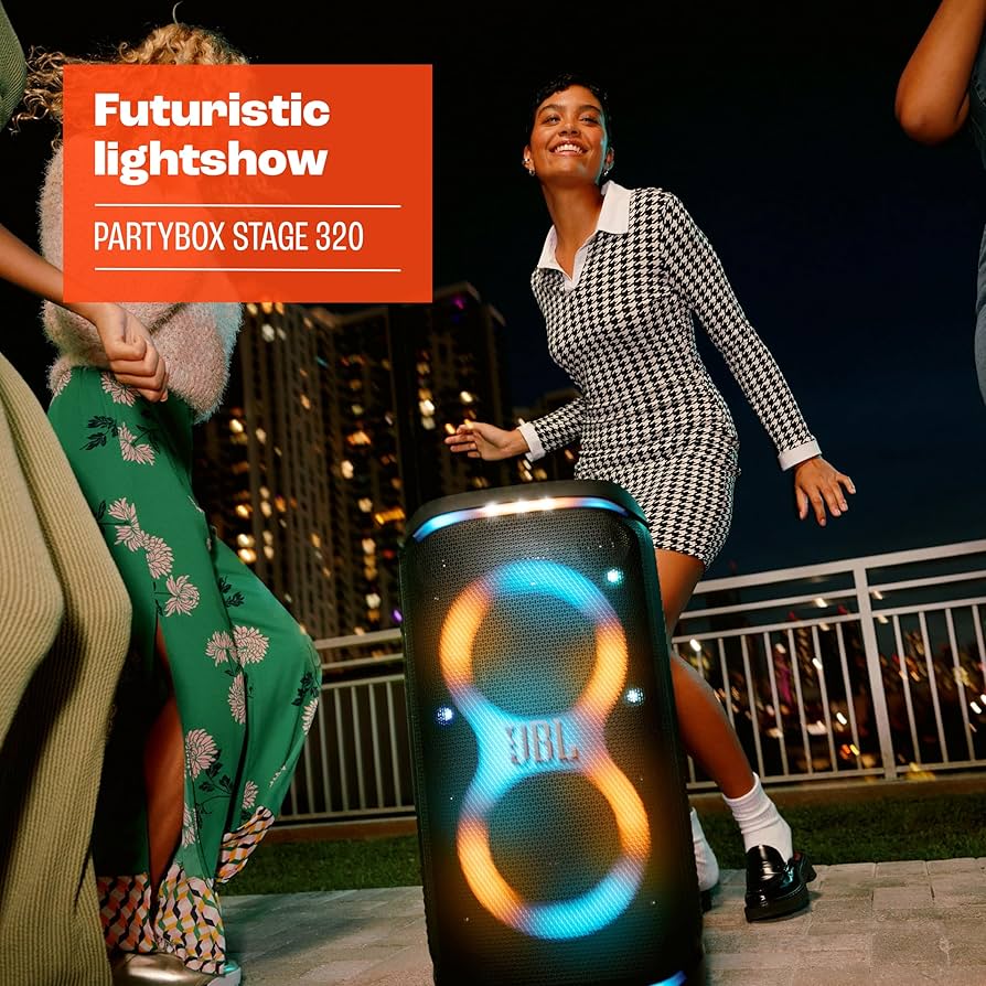 JBL PartyBox Stage 320, Powerful JBL Pro Sound, Futuristic lightshow, Up to 18 Hours of Play time, Telescopic Handle and Wide, Sturdy Wheels, White