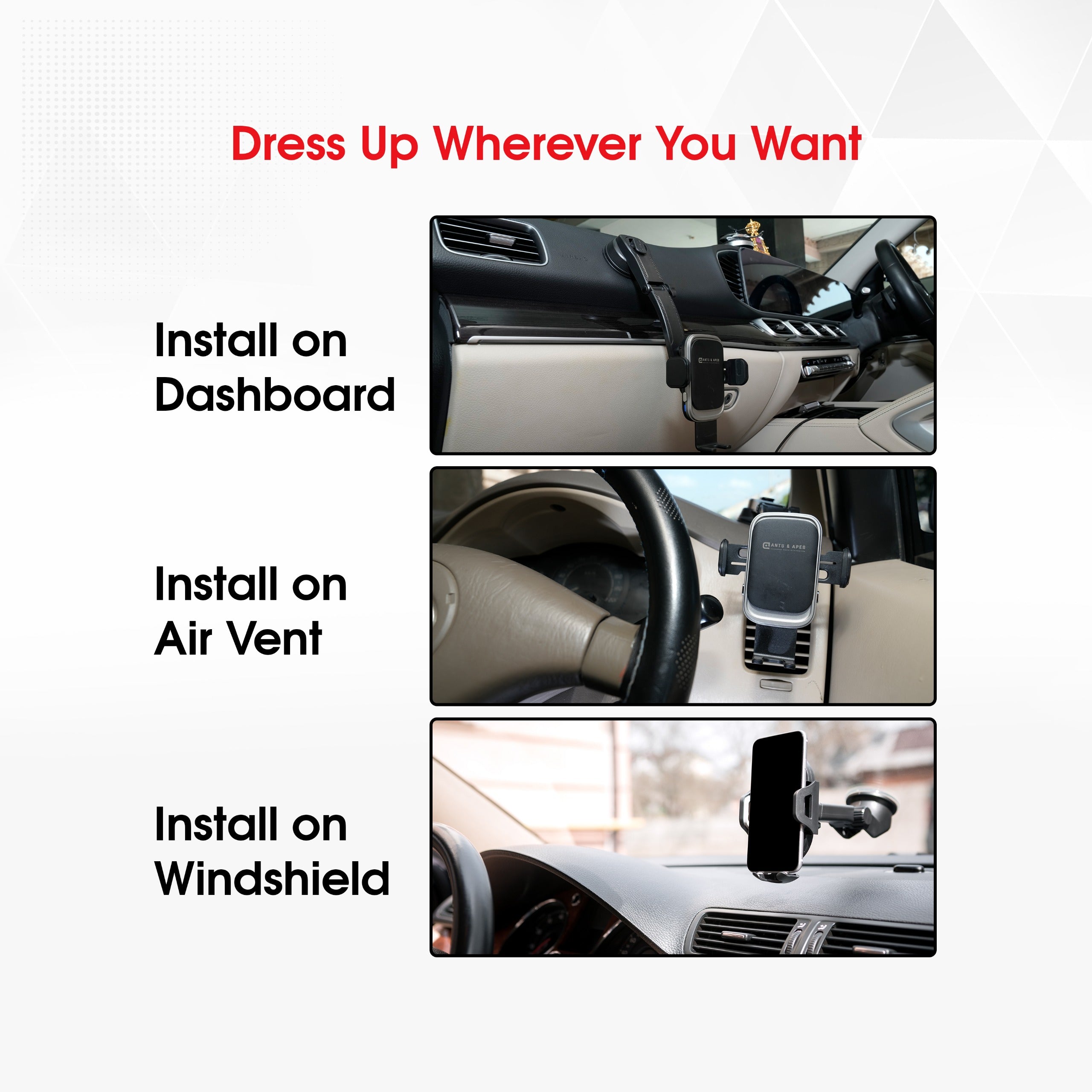 Ants & Apes DYNA-GRIP 15W QI Premium Qi Wireless charging Mount Vent Dashboard Windscreen Secure Cell Phone Holder Rotatable Swing 360 Degree Phone Holder for iPhone x xs 11 12 13 14 15 16 pro max Samsung s20 s21 s22 s23 s24 Fe Plus Ultra