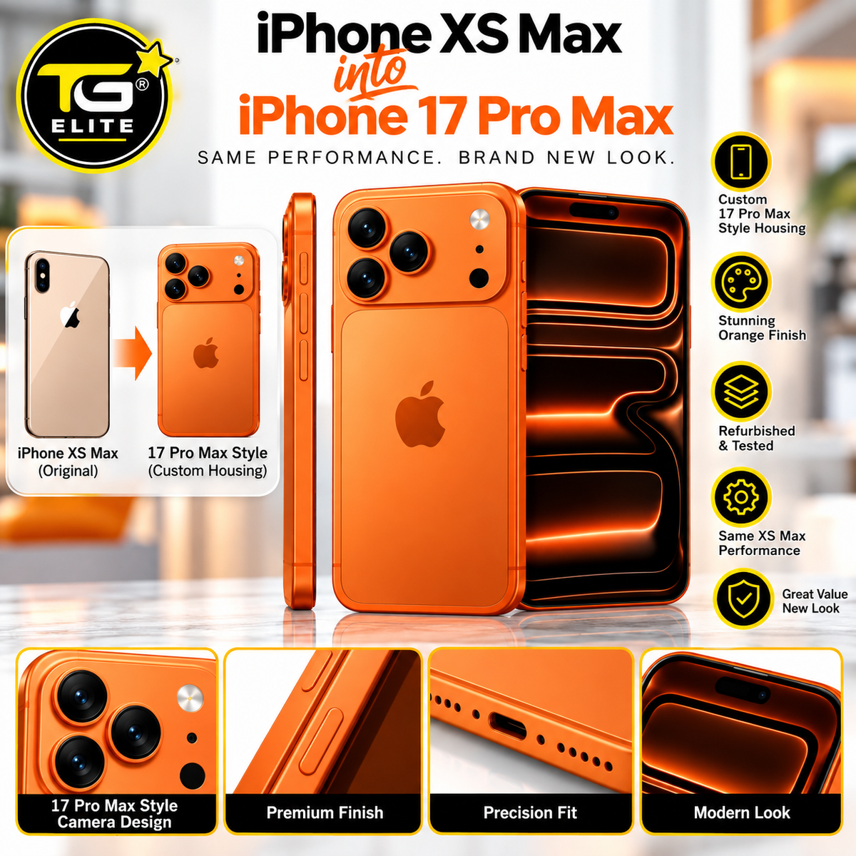Apple iPhone XS Max 256GB – Orange Custom iPhone 17 Pro Max Style Housing – Refurbished
