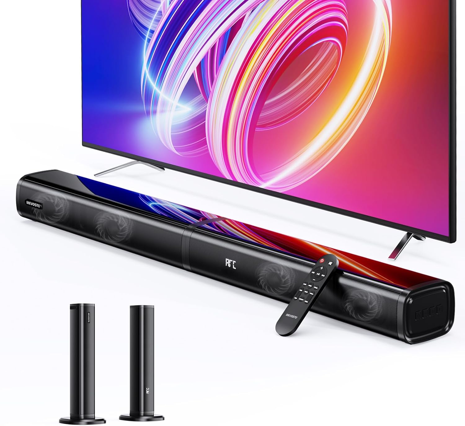 MEVOSTO Soundbar for TV Devices 2.2 Channel Removable 2-in-1 Soundbar with Integrated Dual Subwoofer Treble & Bass Adjustable ARC/Optical/AUX/BT 5.0 Home Cinema Sound System Wall Mounting 80 cm