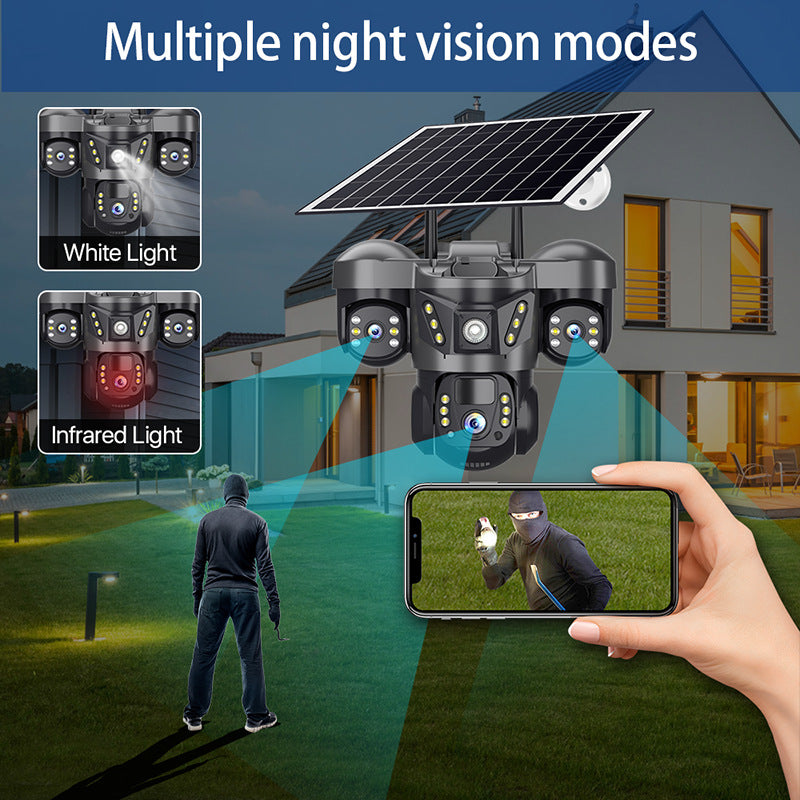 V380 HD Outdoor Solar Security Camera – Triple Lens PTZ 4G CCTV Camera