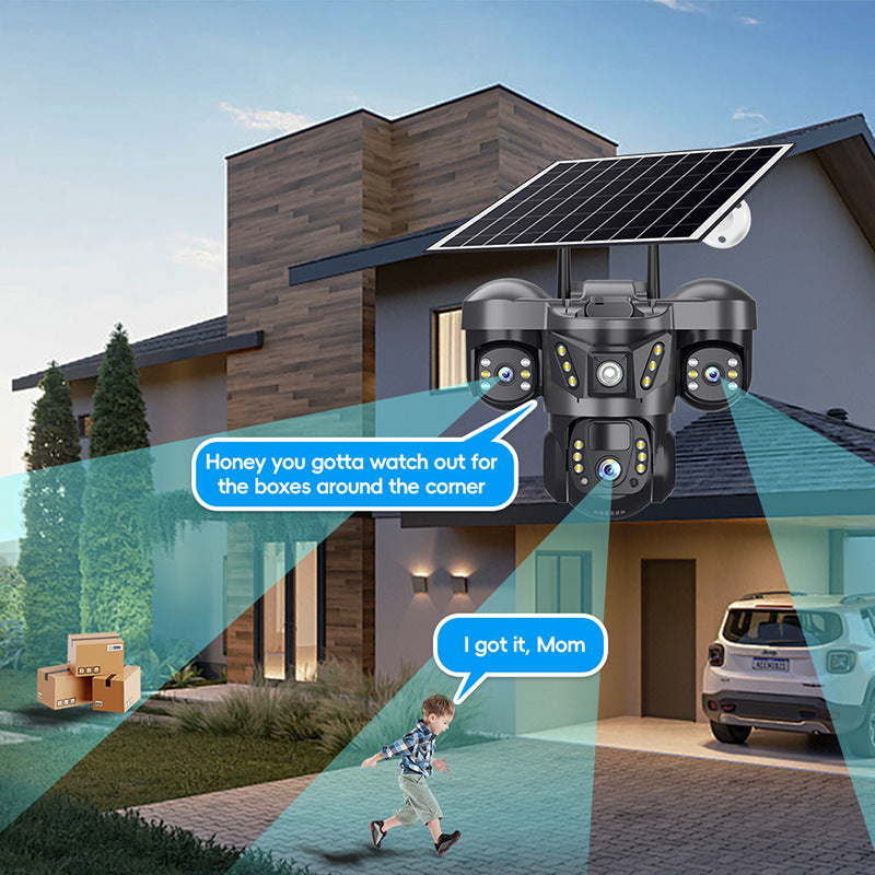 V380 HD Outdoor Solar Security Camera – Triple Lens PTZ 4G CCTV Camera