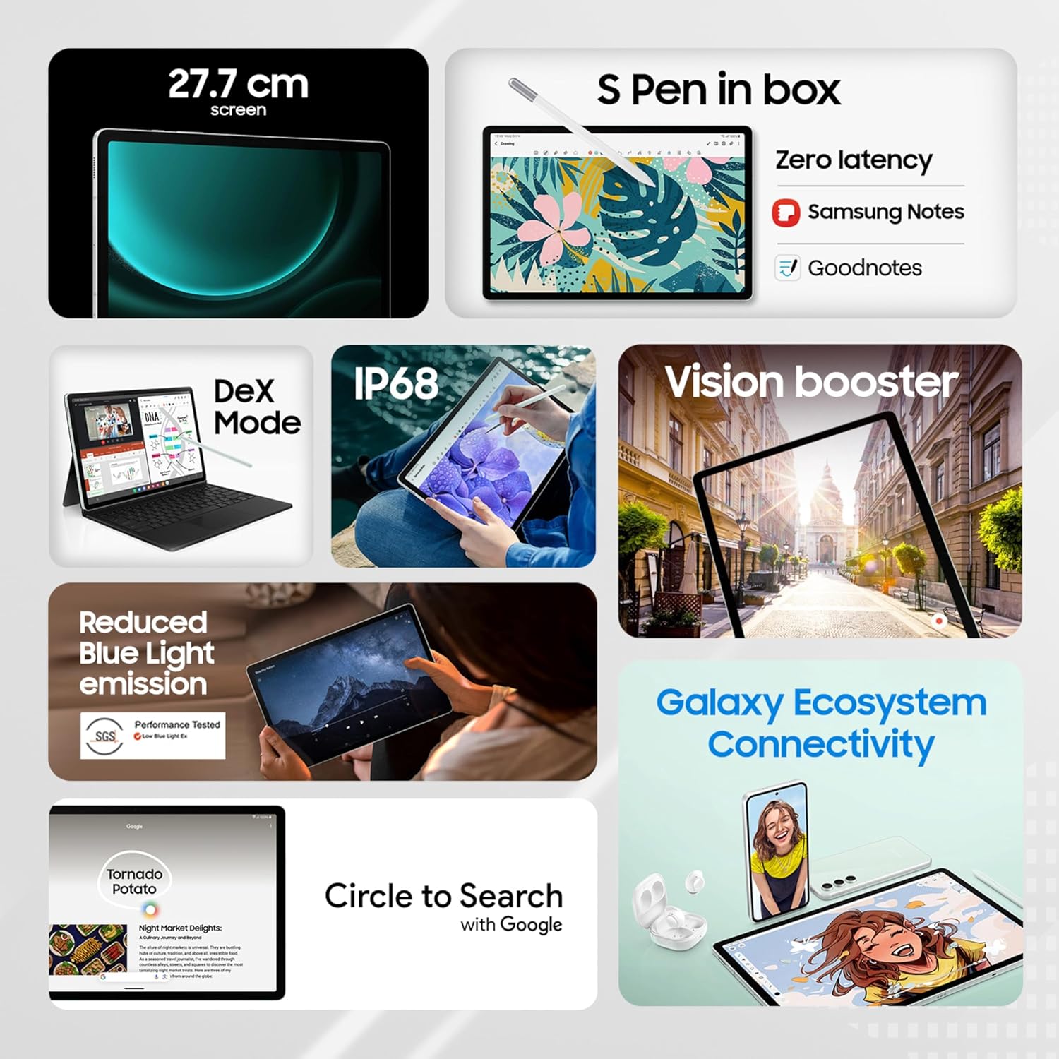 Samsung Galaxy Tab S9 FE tablet workspace setup with S Pen productivity use