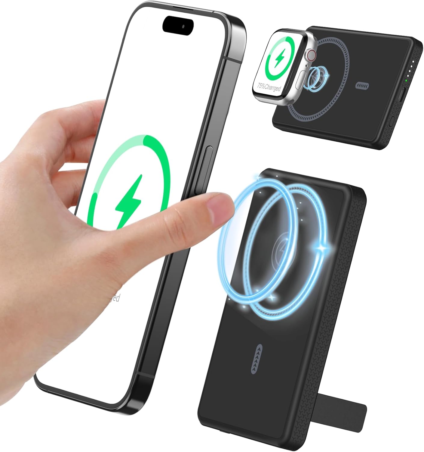 Magnetic Power Bank 10000mAh, Wireless Fast Charging Portable Charger, Foldable Stand Slim Power Bank,for Apple Watch,Mini Battery Pack Compatible for iPhone 12/13/14 Plus/Mini Series (Black)