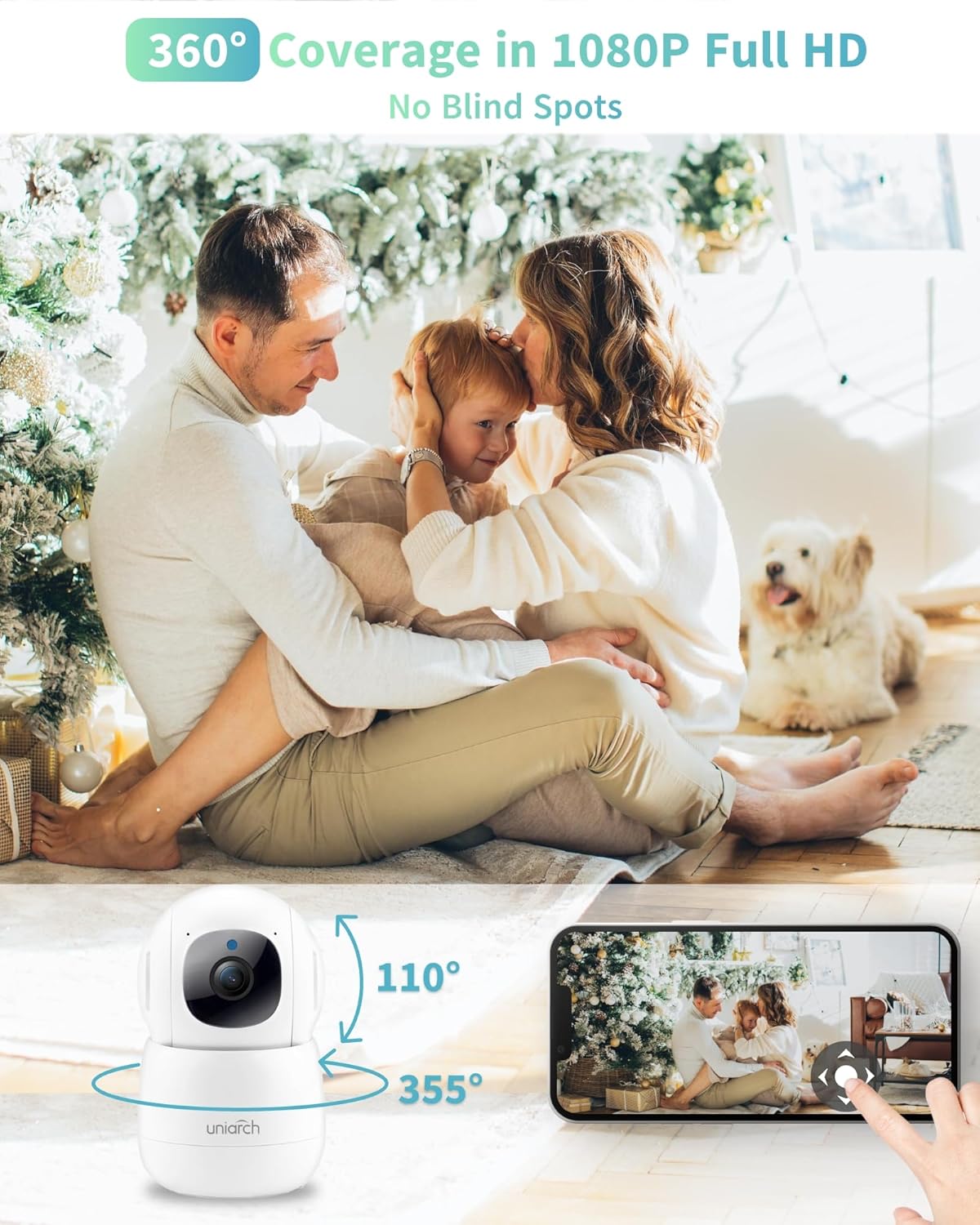 uniarch Indoor Security Camera Pan/Tilt 1080P, Uho-S1, 360 Degree Home Camera with App, Night Vision, Smart Motion Detection Auto Tracking, 2-Way Audio, Pet Camera
