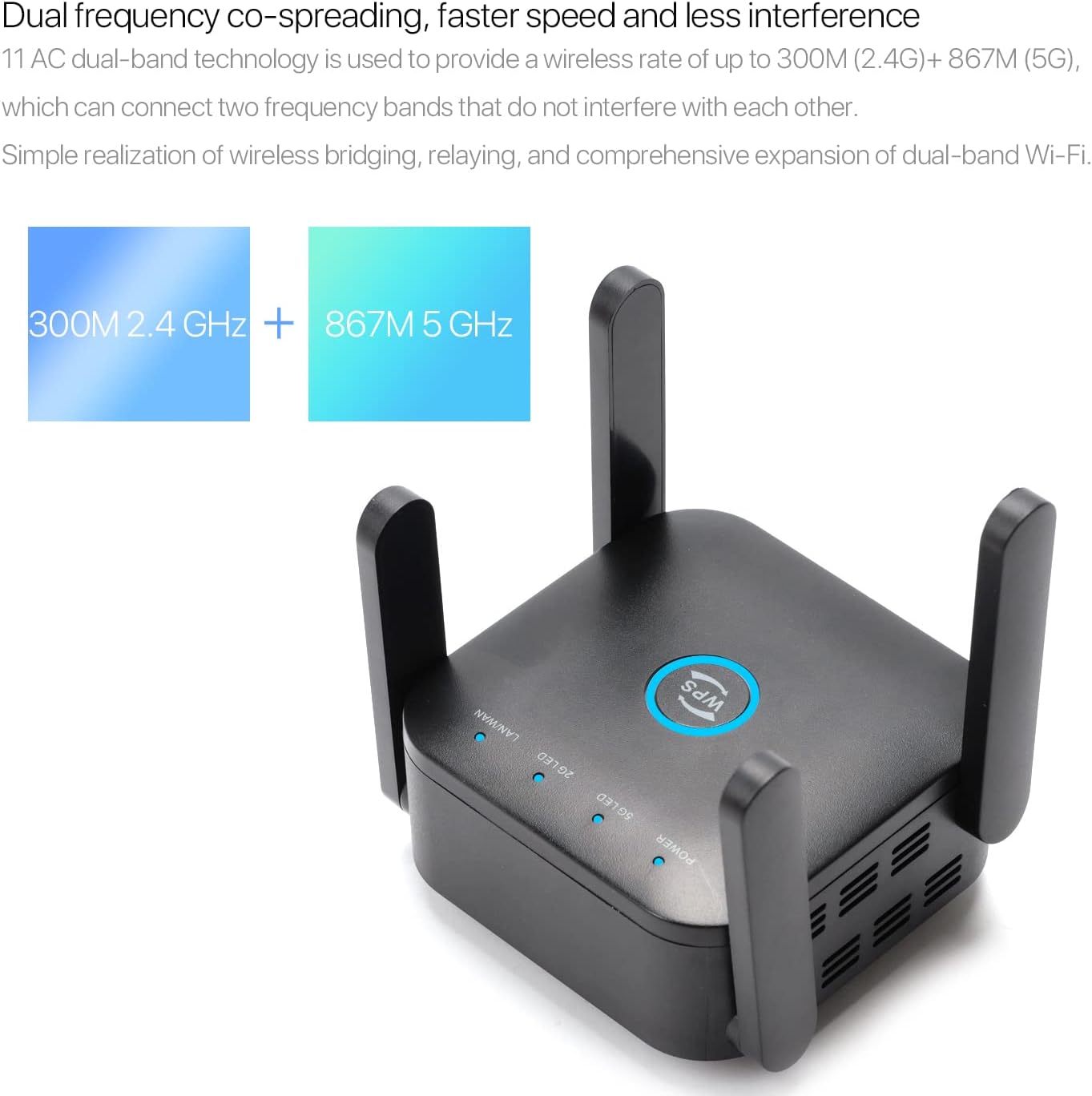 1200Mbps Dual Band WiFi Signal Booster – Wireless Range Extender (Black)