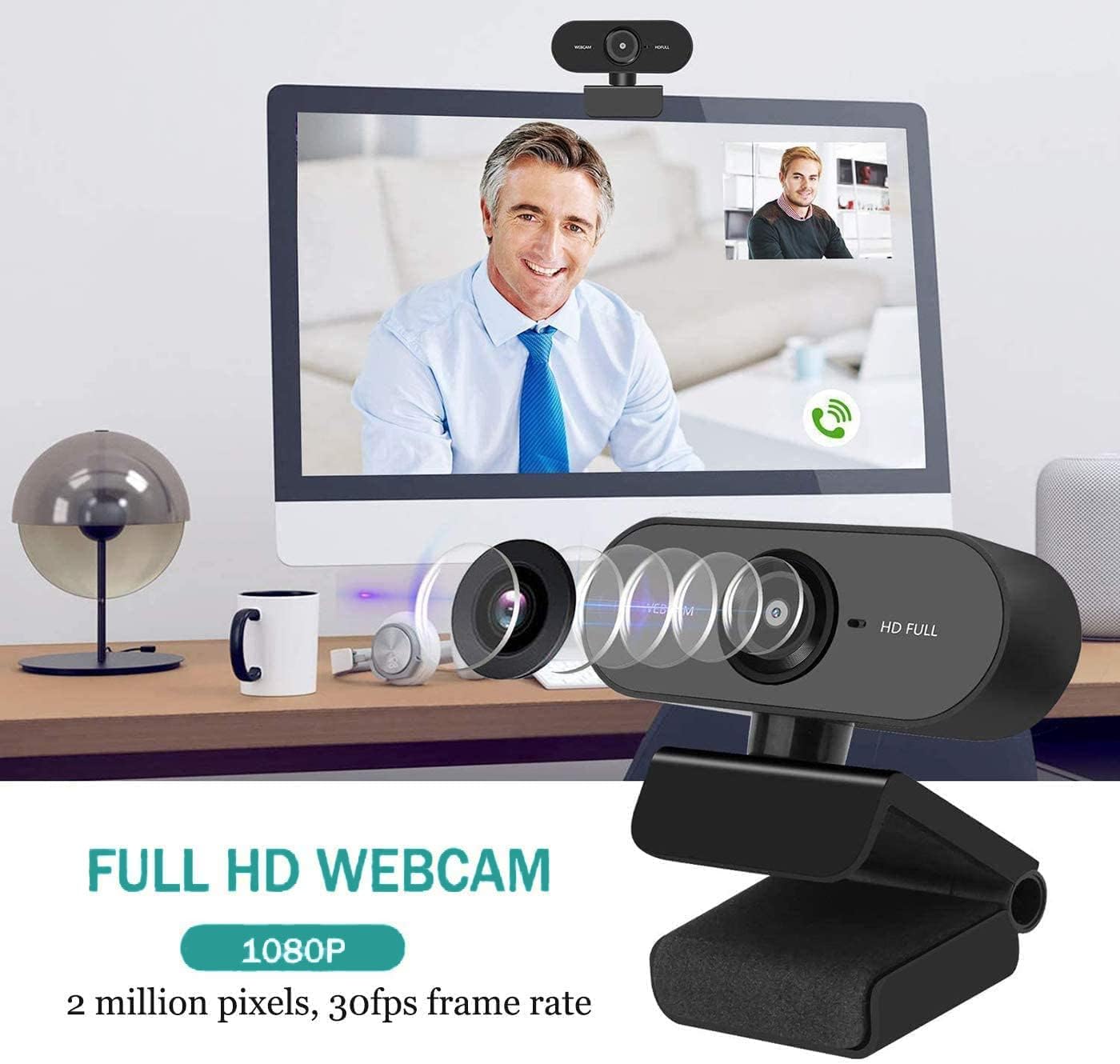 Webcam with Microphone, Full HD 1080P Webcam for PC, Laptop, MAC, Plug and Play Web Camera with Privacy Cover, USB Camera for Video Calling, Recording, Conferencing, Streaming, Gaming