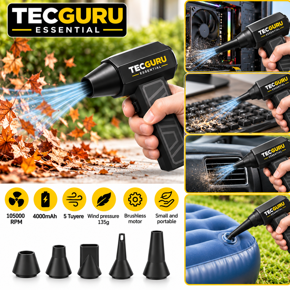 TecGuru Essential X3S High-Performance Portable Fan Black – 105,000RPM | 4000mAh Rechargeable Battery