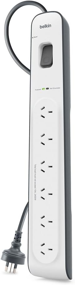 Belkin 6-Outlet Surge Protection Strip with 2M Power Cord – White/Grey | $30K Connected Equipment Warranty