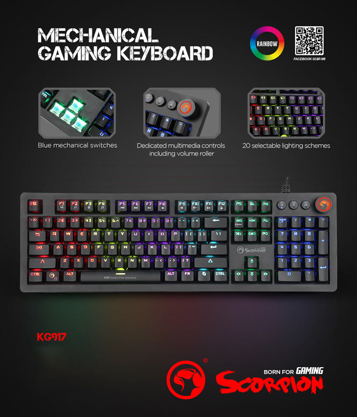 Marvo Scorpion KG917 Mechanical Gaming Keyboard – Blue Switches | Rainbow LED | 107 Keys