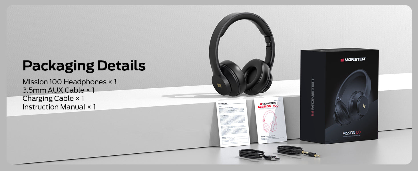 Monster Mission 100 Bluetooth Headphones, On Ear Headphones with Immersive Bass, Crystal Clear Call, 40H Playtime, Bluetooth 5.4, Comfortable Fit Wireless Headset for Travel Work (Black)