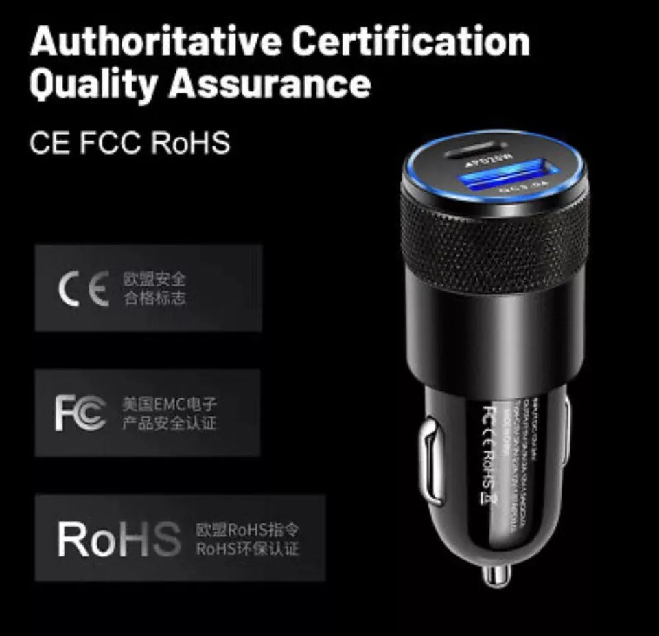 PB Fast Dual Car Charger Type C 38W Lightning Fast Charge & Free Type C to Lightning Cable