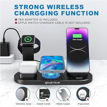 5 In 1 Aluminum Alloy Magnetic Wireless Charger Stand For Magsafe Charger Stand  Fast Wireless Charging Station For IPhone 15 14 13/12 Series Apple Watch Airpods With LED Lamp 18W Adapter Black
