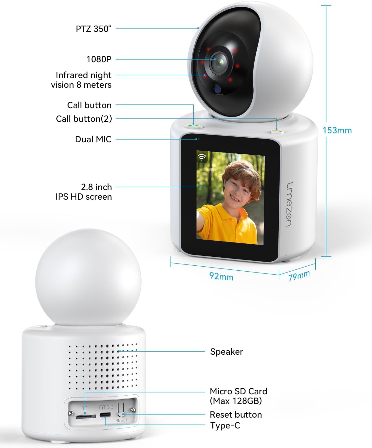 Tmezon Video Pet Dog Camera Wireless Security Camera Two-Way Video Camera with 2.8-inch 1080P Screen with Phone App(Im Cam) and Motion Detection,Baby/Elderly/Nanny Monitor Audio with Pan Tilt