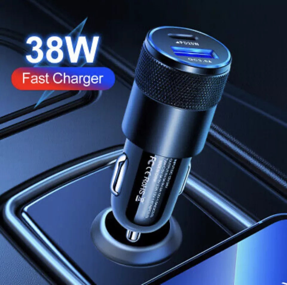 PB Fast Dual Car Charger Type C 38W Lightning Fast Charge & Free Type C to Lightning Cable