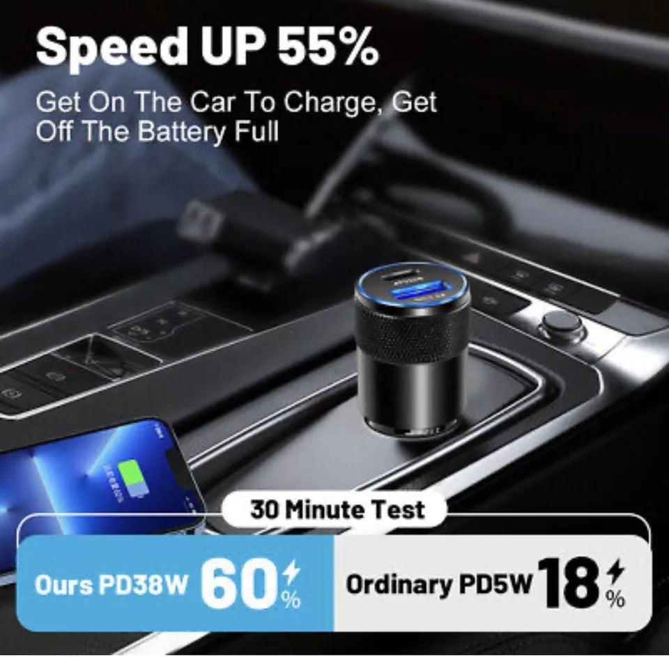 PB Fast Dual Car Charger Type C 38W Lightning Fast Charge & Free Type C to Lightning Cable