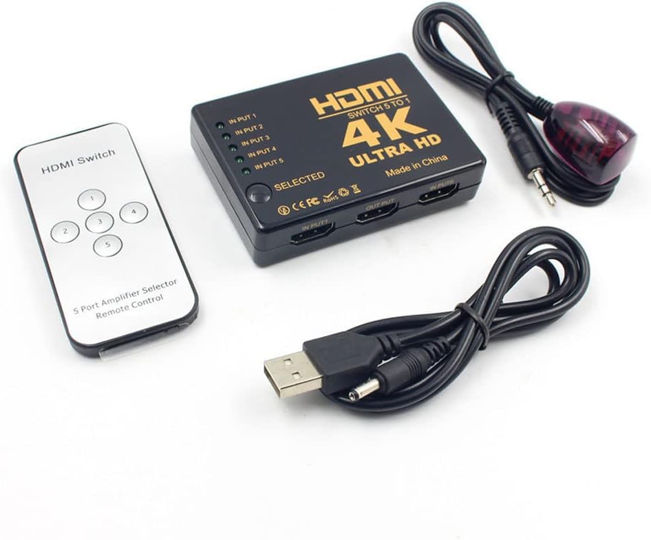 5 Port HDMI Splitter Switch Switcher Hub Box HDTV Ultra HD 4K 60Hz with Remote 5 in 1 Out HDMI Splitter, Compatibl with HD-DVD, Sky-HD, STV, PS3, Xbox 360